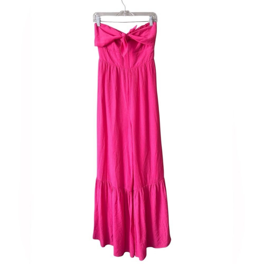 Vici x Caitlyn Pink Strapless Smocked Back Tie Front Wide Leg Jumpsuit Sz M